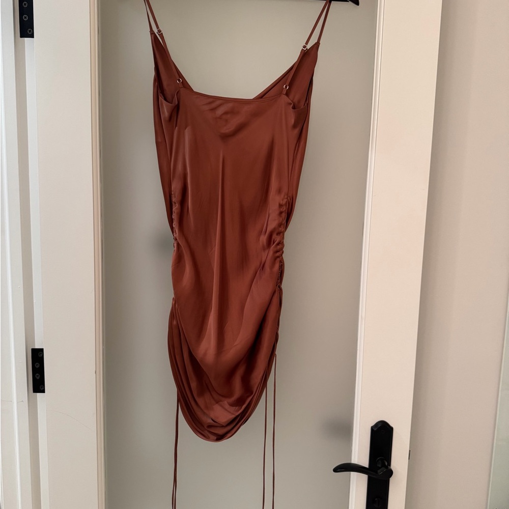 Aritzia Wilfred Satin Only Ruched Slip Mini Dress in Rich Brown - Picture 5 of 9